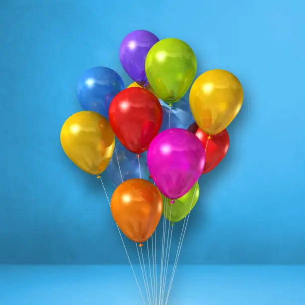 Colorful balloons bunch on a blue wall background. 3D illustration render
