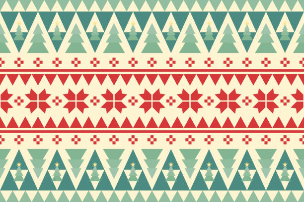Merry Christmas vintage ethnic seamless pattern decorated with green trees and red flowers. design for background, wallpaper, fabric, carpet, web banner, wrapping paper. embroidery style. Merry Christmas vintage ethnic seamless pattern decorated with green trees and red flowers. design for background, wallpaper, fabric, carpet, web banner, wrapping paper. embroidery style. vector. winter cloth pictures stock illustrations