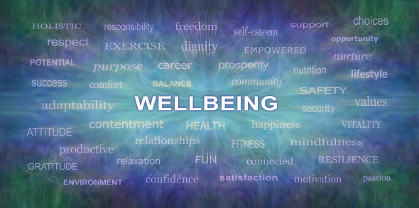 relevant zooming words around a central white WELLBEING against blue green background Wall Art Canvas panel ideal for a holistic therapist's healing room