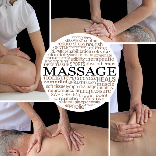 kobieta masażysta sportowy collage word cloud - massage therapist lastone therapy massaging spa treatment zdjęcia i obrazy z banku zdjęć