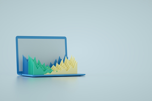 3d rendering of multi color line charts on Laptop.