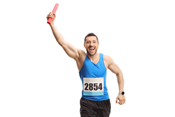 istock Happy man running a relay race with a baton in his hand 1345072771