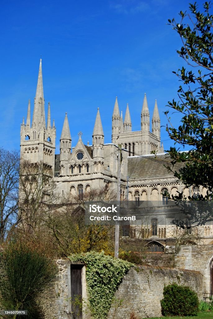Peterborough Cathedral, UK. South side view of Peterborough Cathedral (Cathedral Church of St. Peter, St. Paul and St. Andrew), Peterborough, Cambridgeshire, England, UK, Europe. Cambridgeshire Stock Photo