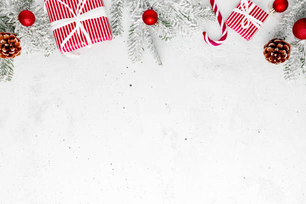 istock Christmas and New Year flat lay with two red white present gift boxes top view 1345076534