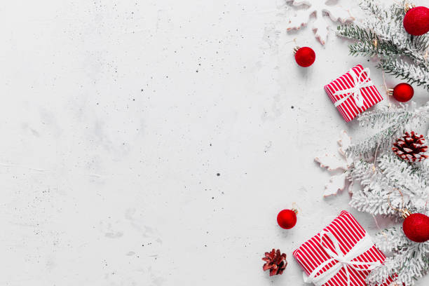 istock Christmas and New Year flat lay with two red white striped present gift boxes 1345076536