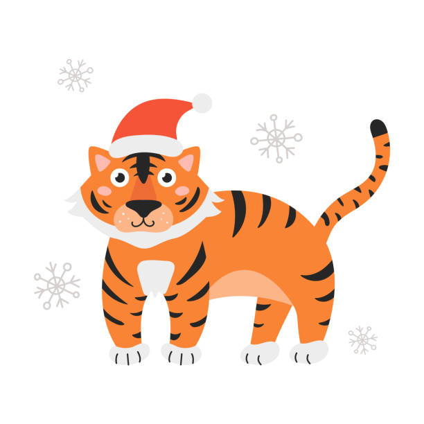 istock Symbol of the year is tiger in Santa hat on white background with snowflakes. Vector illustration in flat cartoon style 1345077076