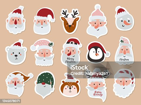 istock Set of stickers with santa faces and animals. 1345078071