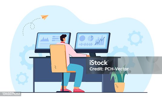 istock Flat vector illustration of stock trader working on computer 1345079251
