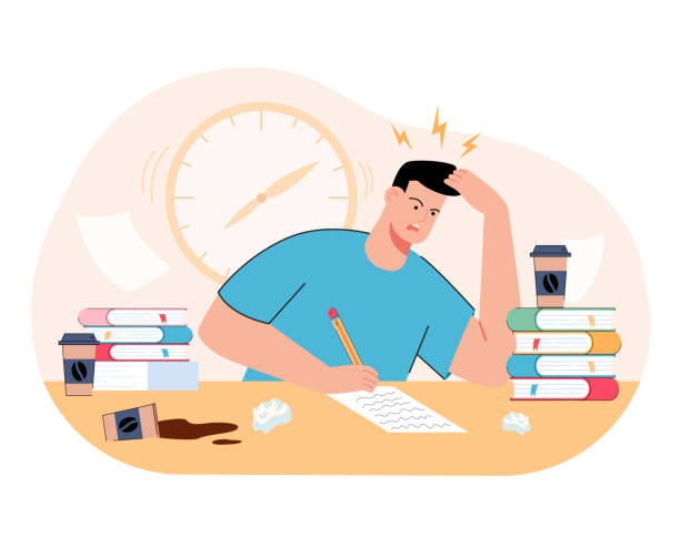 illustrazioni stock, clip art, cartoni animati e icone di tendenza di ragazzo millennial stressato che studia prima degli esami universitari - medical exam