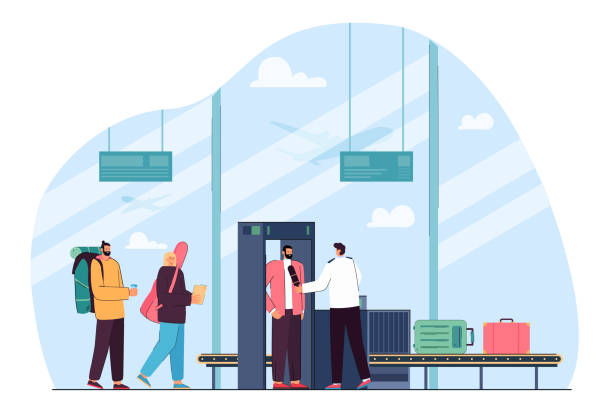 плоская векторная иллюстрация людей, проверяющий у выхода из аэропорта - airport isometric airport security x ray stock illustrations