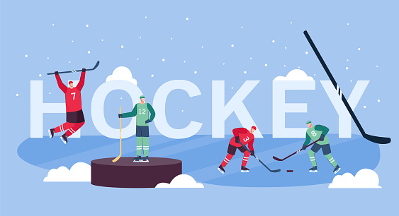 Flat vector illustration of men playing ice hockey. Players in sports outfits on ice field. Hockey symbol on background. Web landing page. Team winter sport concept.