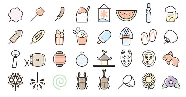 Japanese Festival and Summer Icon Set This is a set of Japanese summer festival icons. This is a set of simple icons that can be used for website decoration, user interface, advertising works, and other digital illustrations. geta sandal stock illustrations