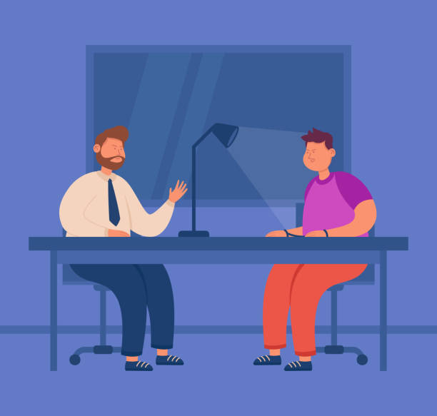 Police investigator interrogating criminal in interrogation room Police investigator interrogating criminal in interrogation room. Suspect and officer sitting at table with lamp, detective asking question flat vector illustration. Crime, criminal psychology concept police interview stock illustrations