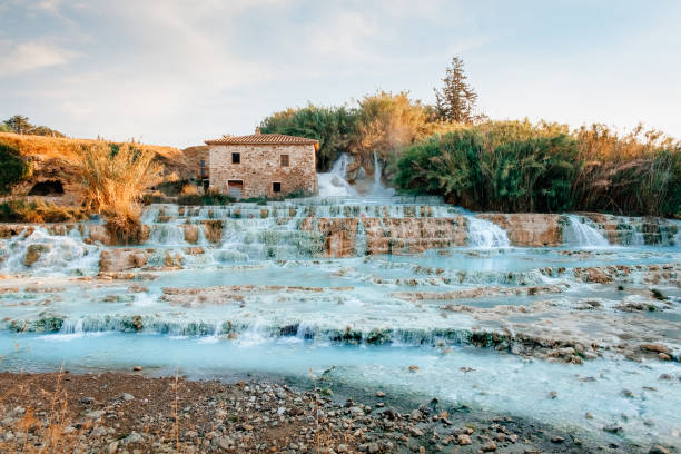 Saturnia Thermal Hot Springs in Italy Terme di Saturnia - Mill waterfalls, Tuscany, Italy thermal pool stock pictures, royalty-free photos & images