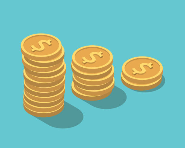 Isometric coin stacks, decrease Isometric coin stacks decreasing. Recession, inflation, savings, investment, loss, budget and failure concept. Flat design. EPS 8 vector illustration, no transparency, no gradients budget cuts stock illustrations