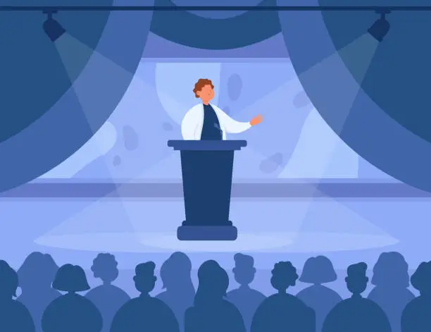 Vector illustration of Doctor speaking from podium on stage at conference
