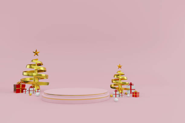 istock Merry Christmas podiums with production background 3d rendering 1345086136