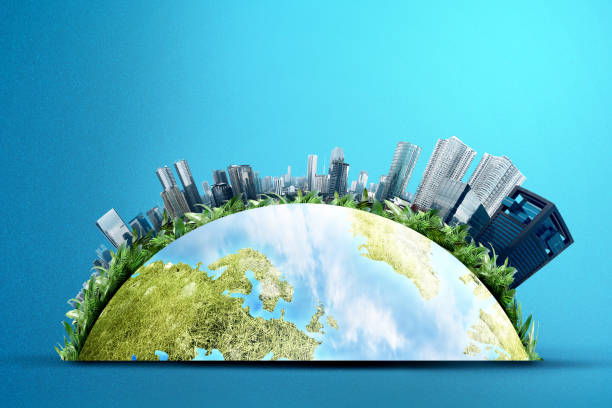 istock Earth with modern buildings and skyscrapers above it 1345086945