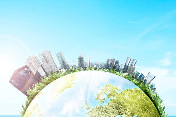 istock Earth with modern buildings and skyscrapers above it 1345086988