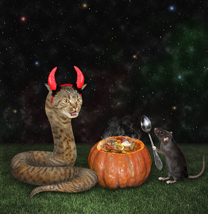 A cat snake in red devil horns and a rat with a spoon are near a pumpkin in the meadow for Halloween.