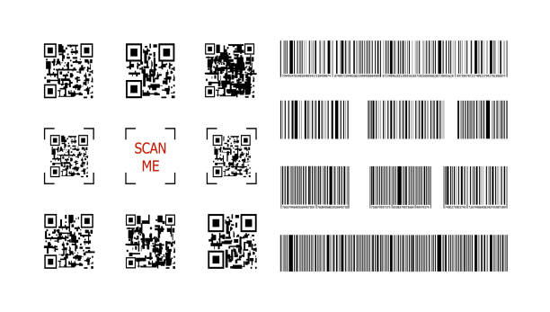 vektor-set von qr-codes, scan me, barcode-set generator-konzept, schwarze symbole isoliert. - bar code stock-grafiken, -clipart, -cartoons und -symbole