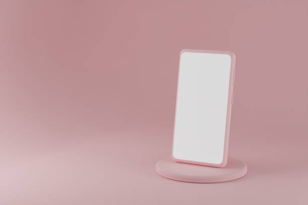 istock Modern smartphone on podium on pink background, 3d render 1345090469