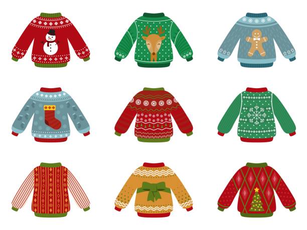 ilustrações de stock, clip art, desenhos animados e ícones de cartoon ugly sweater. christmas sweaters collection, decorative holiday winter clothes. isolated flat new year warm jumper recent vector set - ugliness