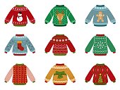 Cartoon ugly sweater. Christmas sweaters collection, decorative holiday winter clothes. Isolated flat new year warm jumper recent vector set