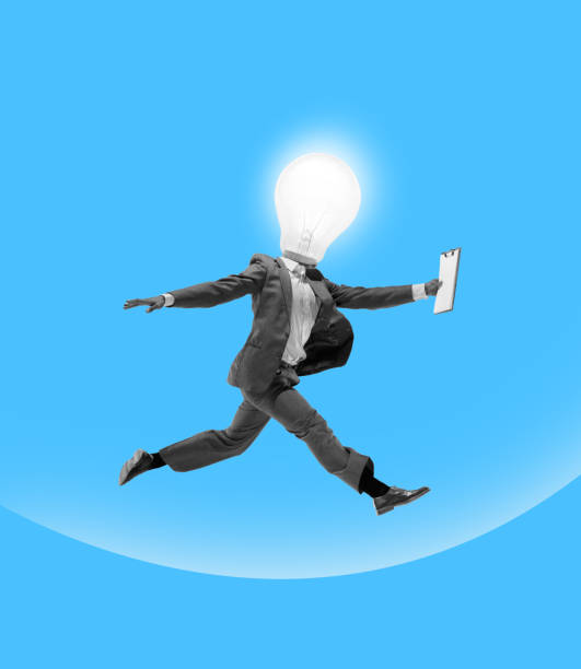 istock Contemporary art collage. Business concept. Composition with young manager, leader jumping, flying isolated on abstract background 1345092439