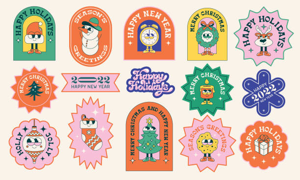 Christmas holidays stickers Collection of Christmas and New Year stickers with cute cartoon characters and holiday greetings. 
Editable vectors on layers. Christmas Tree Cookie stock illustrations