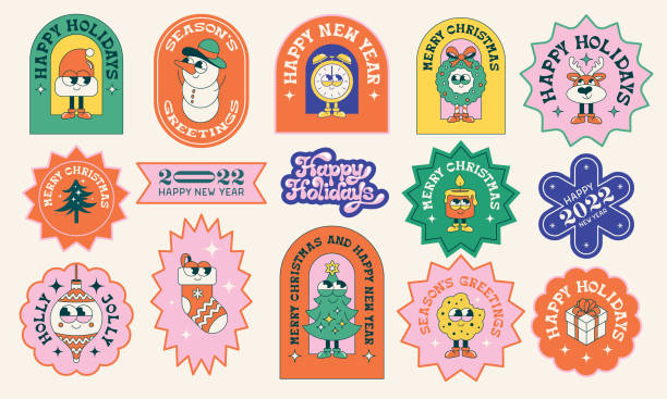 Christmas holidays stickers Collection of Christmas and New Year stickers with cute cartoon characters and holiday greetings.
Editable vectors on layers. animal stickers stock illustrations