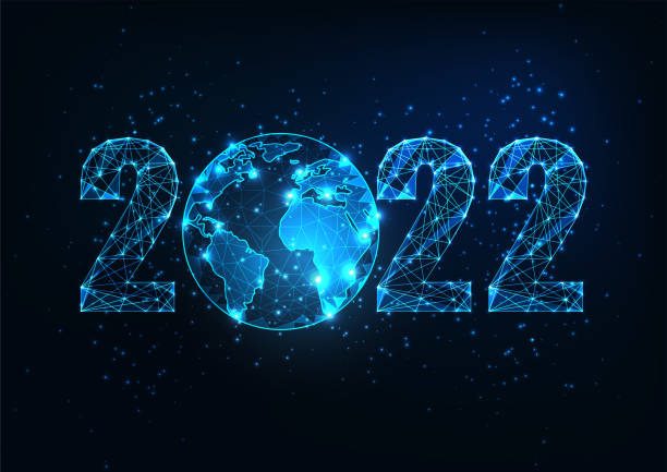 ilustrações de stock, clip art, desenhos animados e ícones de futuristic new year digital web banner template with glowing low polygonal 2022 number and planet earth globe - mundial 2022