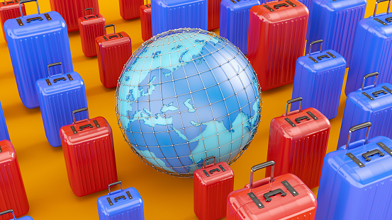 Holdiday Concept with World Surrounded by Suitcases. 3d render