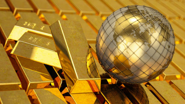 lingotti d'oro con world globe - global finance currency earth macro foto e immagini stock