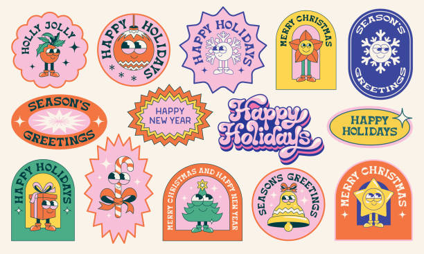 Christmas stickers Collection of Christmas stickers with cute cartoon characters and holiday greetings. 
Editable vectors on layers. anthropomorphic face illustrations stock illustrations