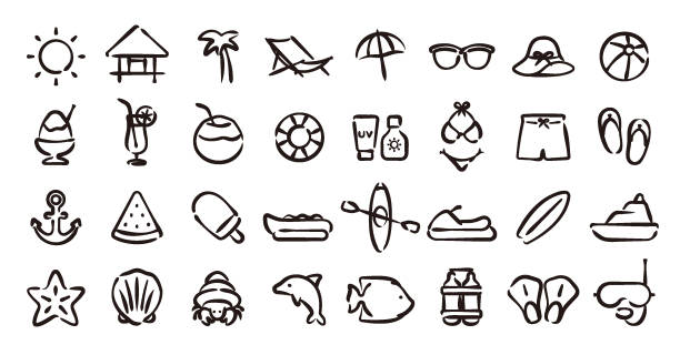 Beach and Summer Icon Set (Hand draw version) This is a set of beach and summer icons. This is a set of simple icons that can be used for website decoration, user interface, advertising works, and other digital illustrations. kayak surfing stock illustrations