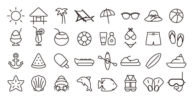 Beach and Summer Icon Set (Thin Line Version) This is a set of beach and summer icons. This is a set of simple icons that can be used for website decoration, user interface, advertising works, and other digital illustrations. hermit crab stock illustrations