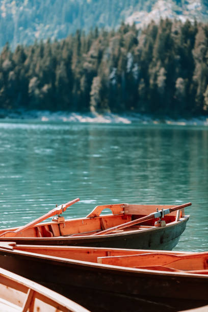 background photo brown boats in the black lake in montenegro in the durmitor national park. - karadağ bayrağı stok fotoğraflar ve resimler