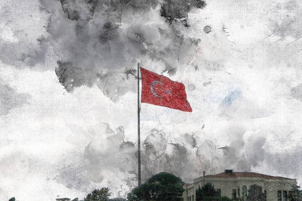 A large Turkish flag is developing in the wind. A gray overcast sky in the background. Digital watercolor painting.