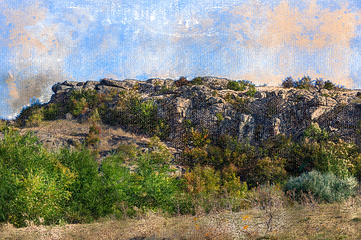 A mountain peak against a blue sky. Rocks with green trees and bushes. Landscape. Digital watercolor painting.