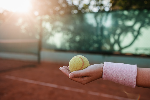 Female hand with wristband holding a tennis ball