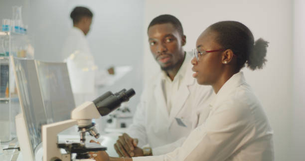 istock Diverse team working in modern laboratory. Woman and man discussing during research 1345098776