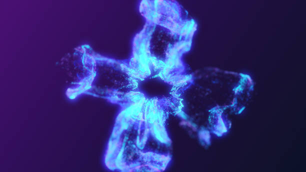 istock 3d illustration of blue particles falling in the deep forming cross shape. 1345098940