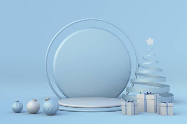 istock Christmas festive blue winter 3d composition. Realistic stage, podium, Xmas studio. Minimal festive New Year background with abstract Christmas tree, balls and gift boxes. 1345099829