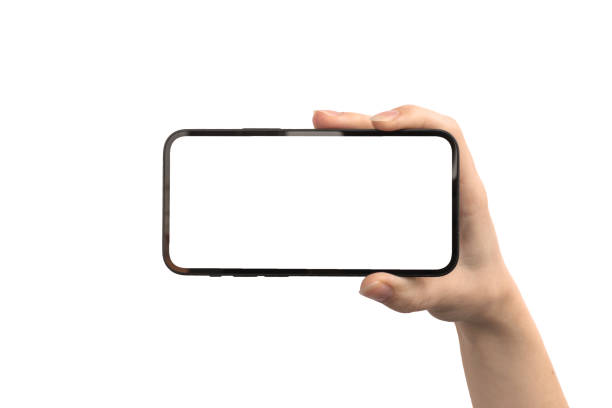 istock Mobile phone in hand with white horizontally screen, isolated on a white background photo 1345101329