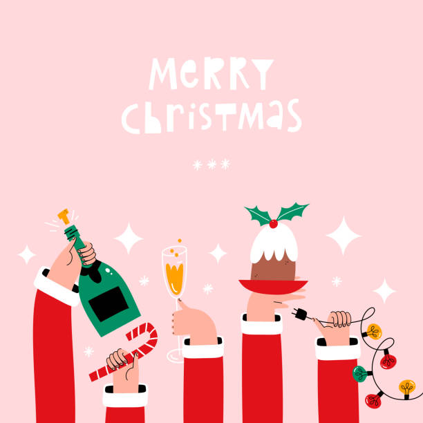 휴일 음식, 음료 및 장식을 들고 손으로 크리스마스 인사말 카드. - santa claus christmas cartoon traditional culture stock illustrations