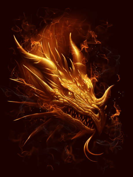 Fire dragon head digital painting Fire dragon head with the flame on the dark background digital painting. dragon stock illustrations