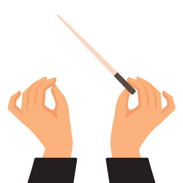 classical music, orchestra leader. Conductor person doing lead gesture Vector template banner and poster Conductor hand with stick . Concept background for song and concert theme composer stock illustrations