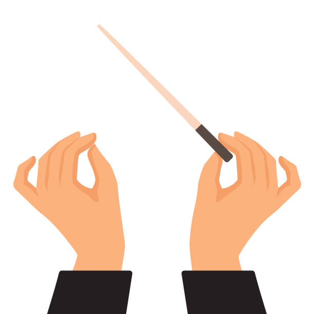 classical music, orchestra leader. Conductor person doing lead gesture Vector template banner and poster Conductor hand with stick . Concept background for song and concert theme conductor baton stock illustrations