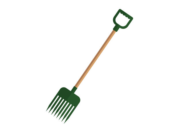 istock Illustration of a green pitchfork with a wooden handle. Garden cleaning tools 1345101646